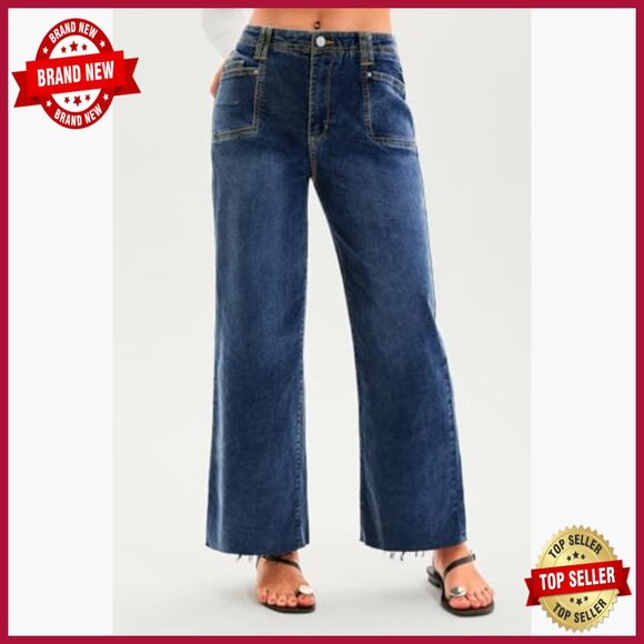 High Waisted Cropped Jeans Stretchy Baggy Straight Leg Raw Hem Denim Pants - Picture 5 of 7
